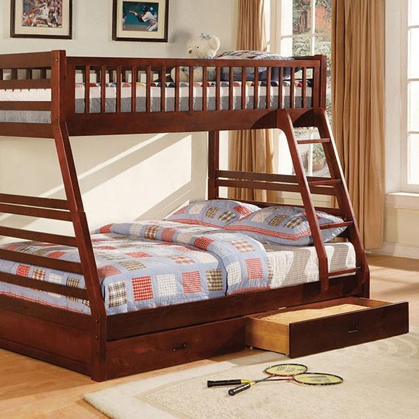 California II Cherry Twin/Full Bunk Bed w/ 2 Drawers Cherry, Walnut, Grey, &Oak