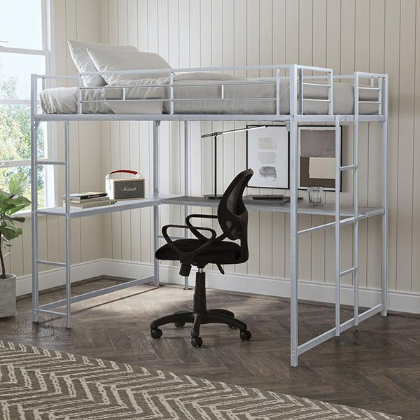 Cybill Full Loft Bed White, Silver, & Black