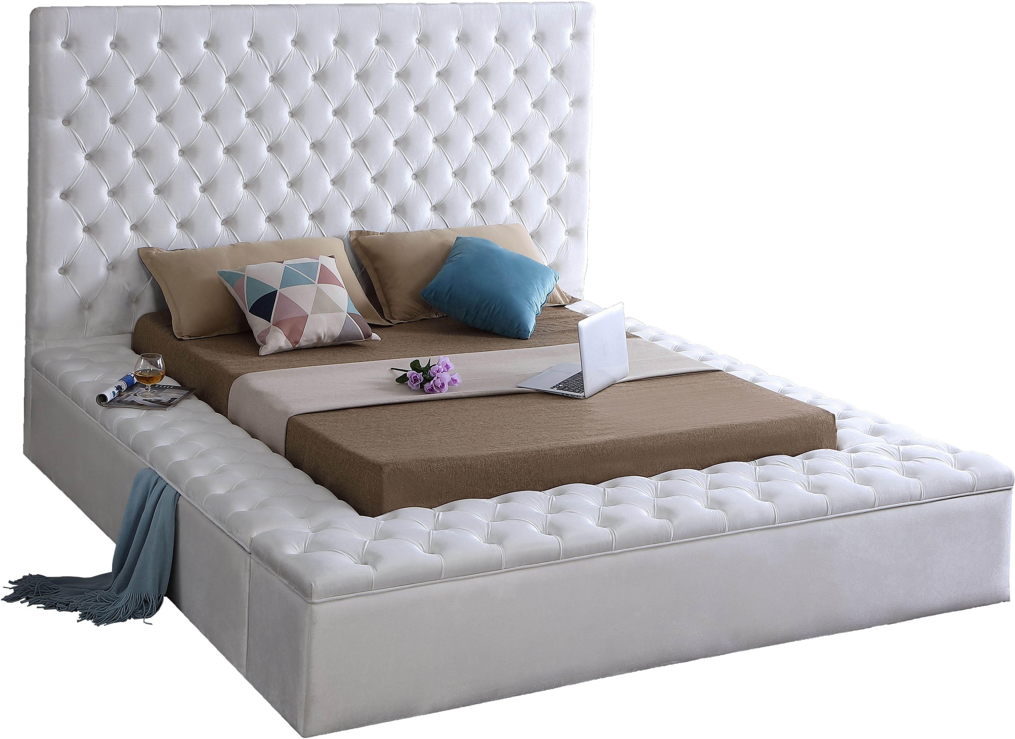 Bliss White Velvet Queen Bed (3 Boxes)
