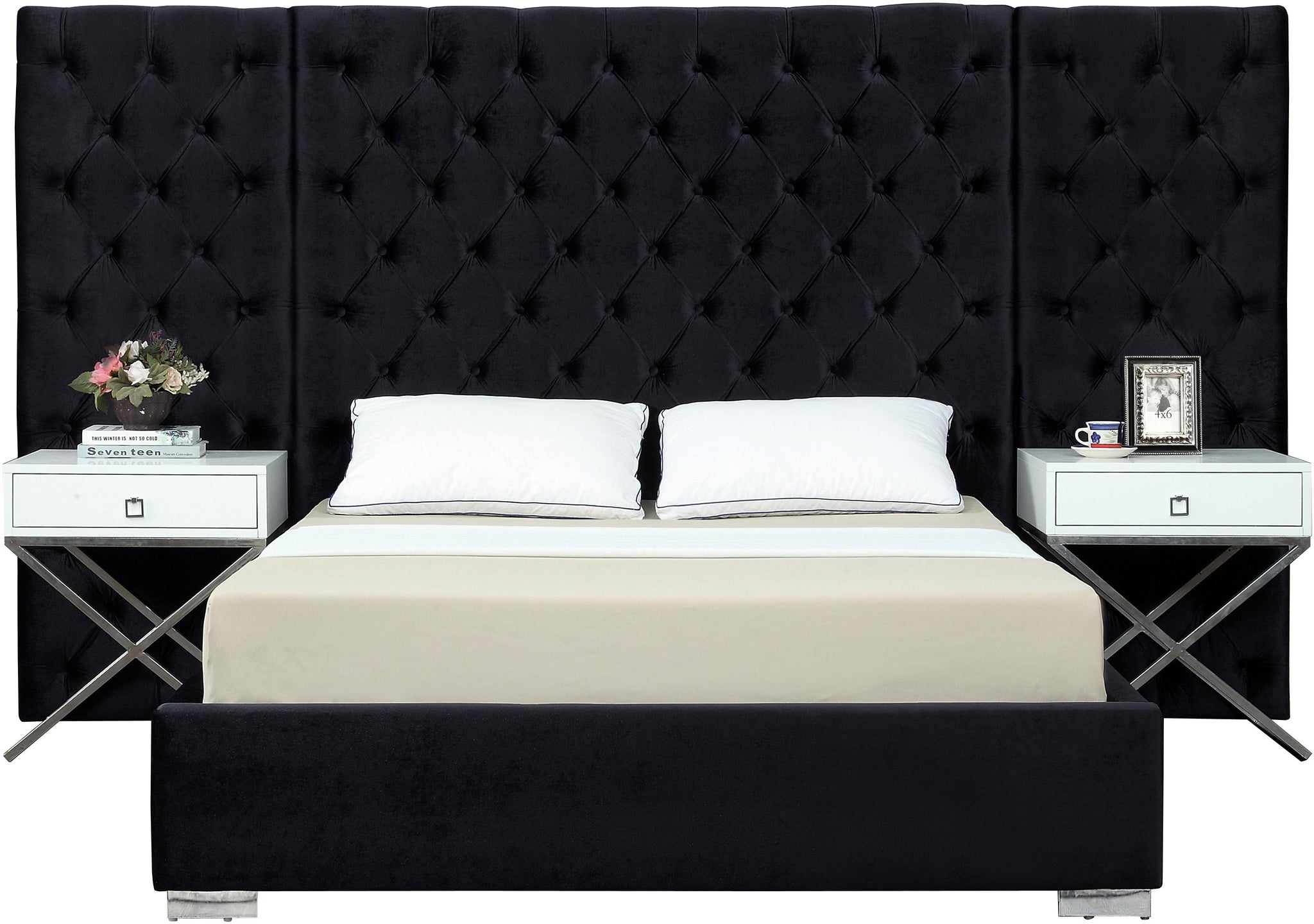 Grande Black Velvet Queen Bed (3 Boxes)