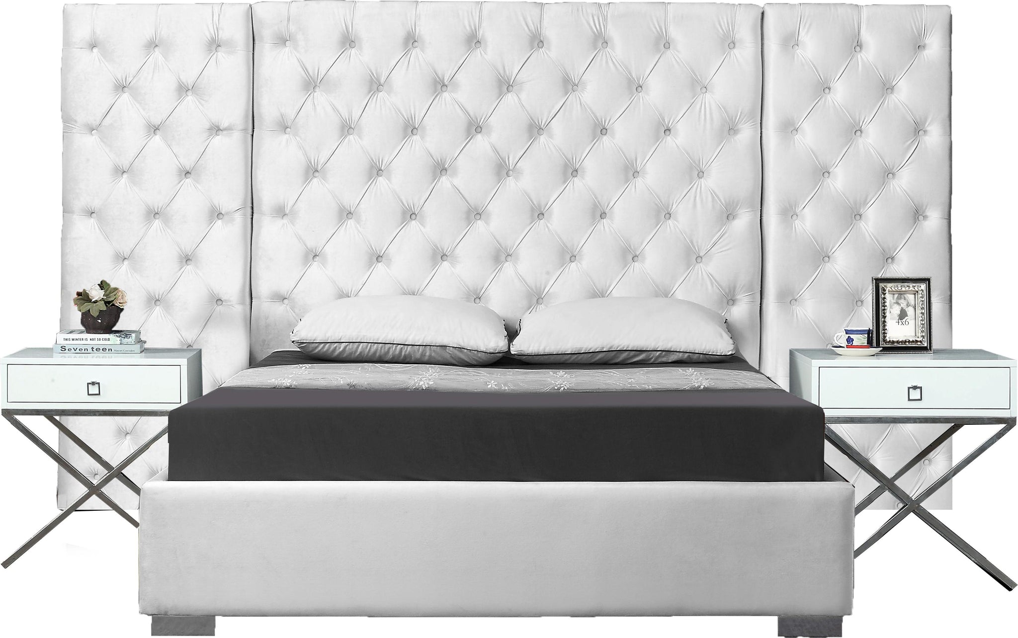 Grande White Velvet Queen Bed (3 Boxes)