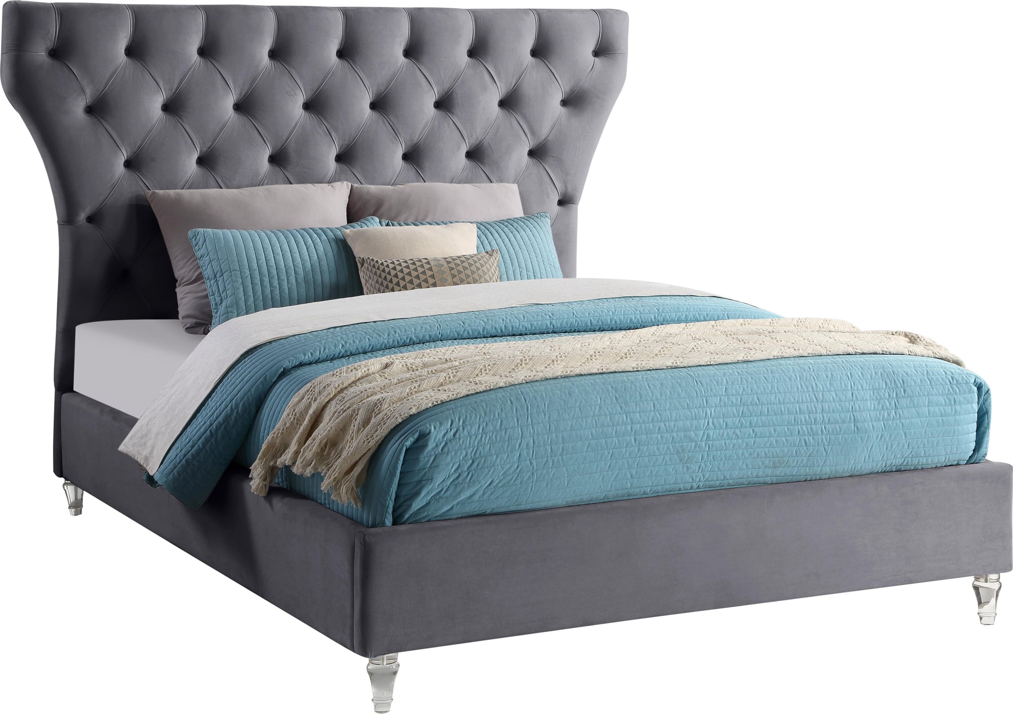 Kira Grey Velvet Queen Bed